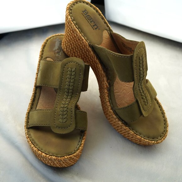 Born Shoes - Born Olive Green Leather Wedge Sandals Size 7 / 38 Braided Strap Detail, Espadri